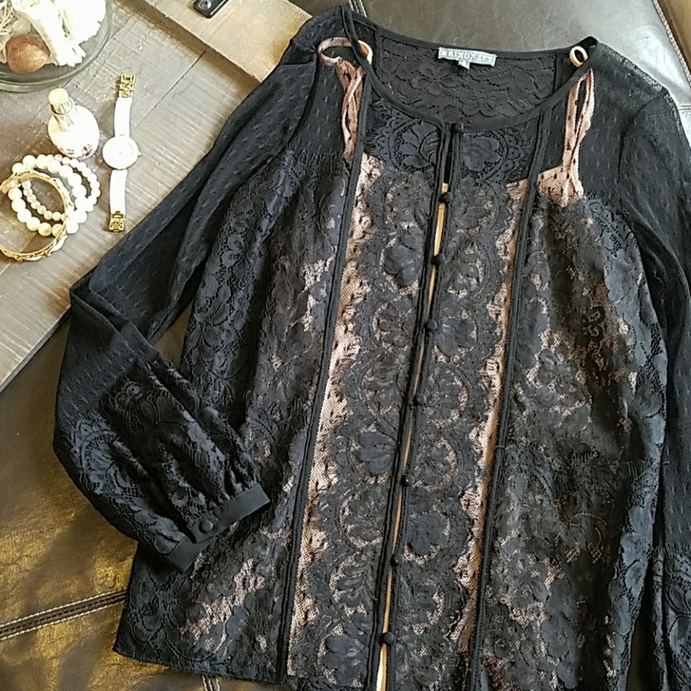 Black, lace, blouse with light pink camisole